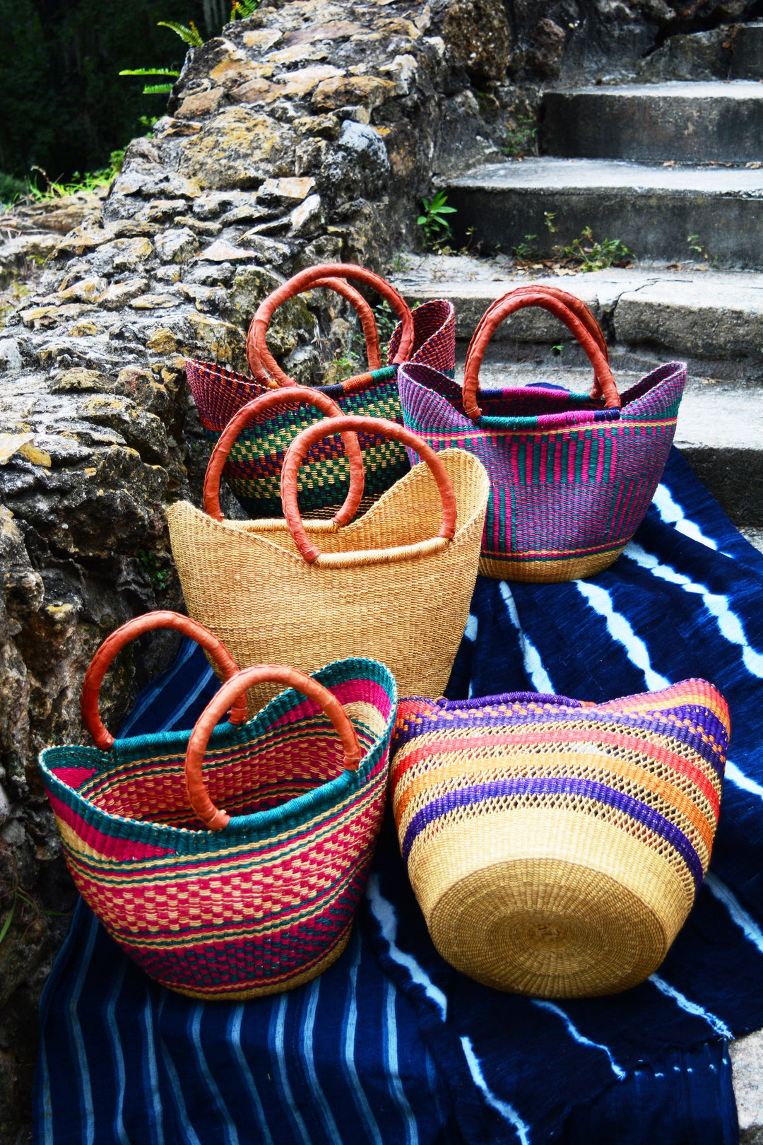 Handwoven Ghana Baskets – Elephant Grass and Leather Handles