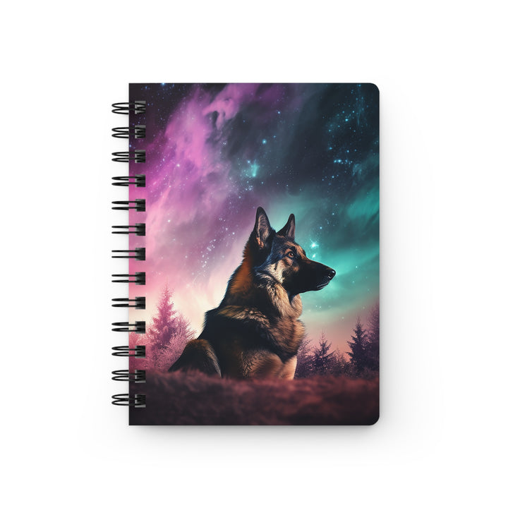 German Shepherd Dog in the Northern Lights: Whimsical Glossy Laminated Journal Cover with Spiral Loop Wire in 5x7 size Daily Journaling or Diary Journal Notebook