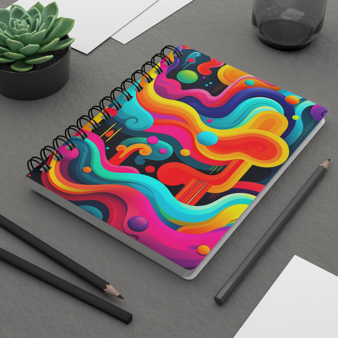 Neon Waves: Neon Colorblock Wavy Glossy Laminated Journal Cover with Spiral Loop Wire in 5x7 size Daily Journaling or Diary Journal Notebook