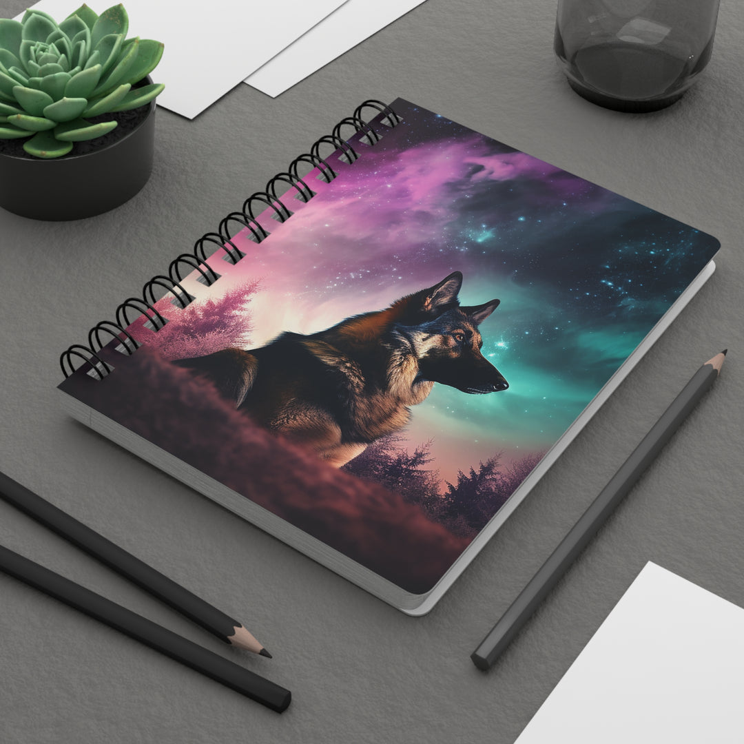 German Shepherd Dog in the Northern Lights: Whimsical Glossy Laminated Journal Cover with Spiral Loop Wire in 5x7 size Daily Journaling or Diary Journal Notebook