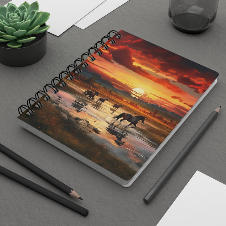 Horses in the Creek Journal:  Western Horses and Sunset Glossy Laminated Journal Cover with Spiral Loop Wire in 5x7 size Daily Journaling or Diary Journal Notebook