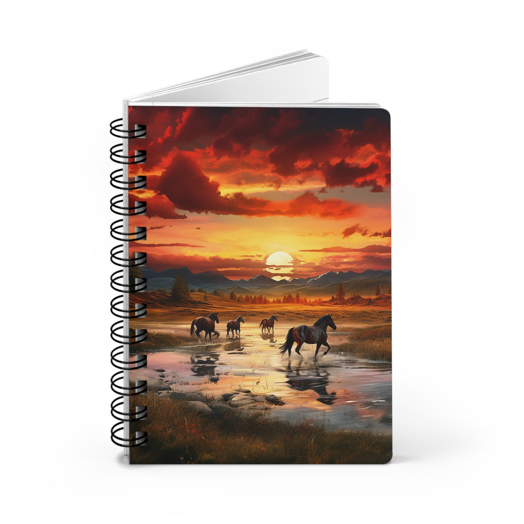 Horses in the Creek Journal:  Western Horses and Sunset Glossy Laminated Journal Cover with Spiral Loop Wire in 5x7 size Daily Journaling or Diary Journal Notebook