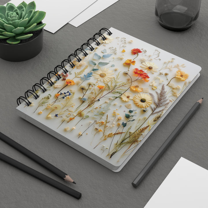 Pressed Wildflowers: Whimsical Glossy Laminated Journal Cover with Spiral Loop Wire in 5x7 size Daily Journaling or Diary Journal Notebook