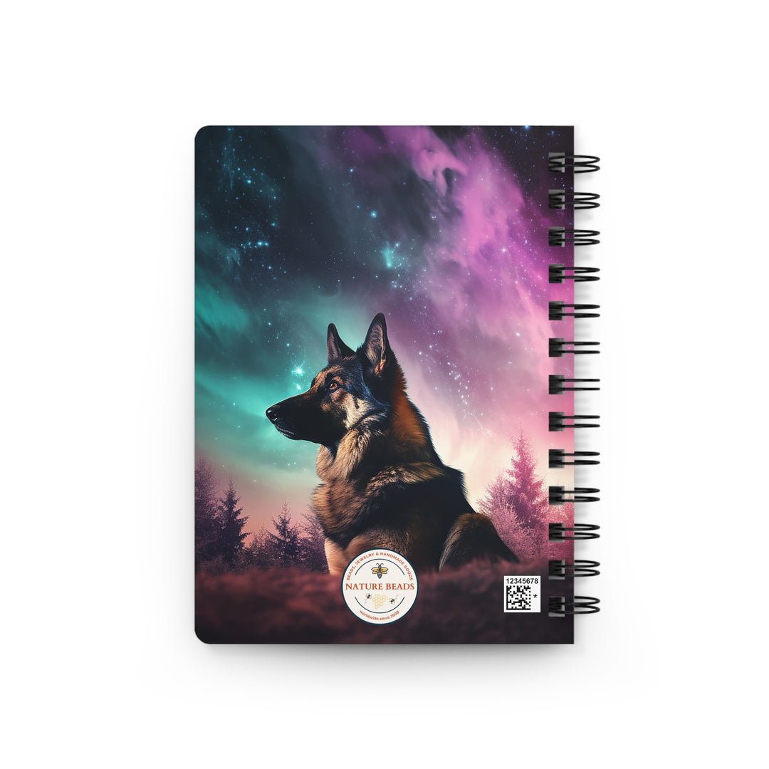 German Shepherd Dog in the Northern Lights: Whimsical Glossy Laminated Journal Cover with Spiral Loop Wire in 5x7 size Daily Journaling or Diary Journal Notebook