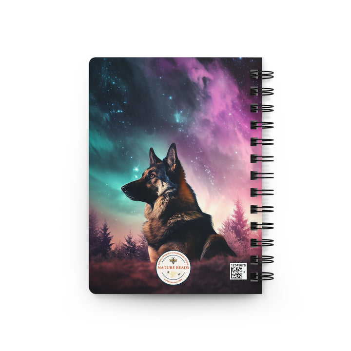 German Shepherd Dog in the Northern Lights: Whimsical Glossy Laminated Journal Cover with Spiral Loop Wire in 5x7 size Daily Journaling or Diary Journal Notebook
