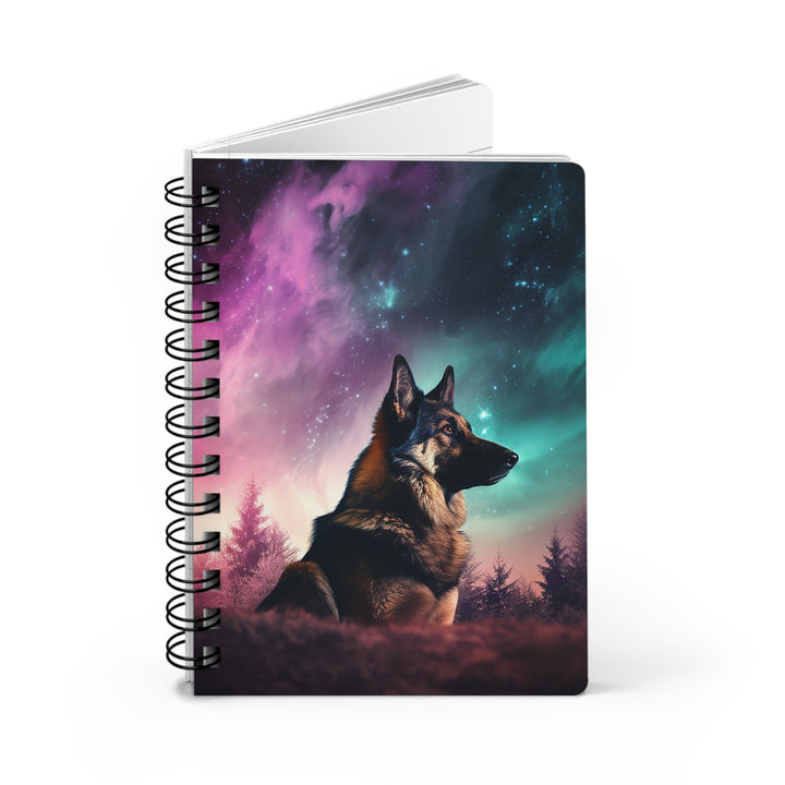 German Shepherd Dog in the Northern Lights: Whimsical Glossy Laminated Journal Cover with Spiral Loop Wire in 5x7 size Daily Journaling or Diary Journal Notebook