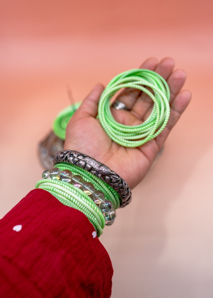 Apple Green Arm Party Stack – Set of 12 Recycled Flip Flop Bracelets | Fair Trade Jewelry from Mali, Ethically Sourced, Colorful African Bangles, Waterproof Stack