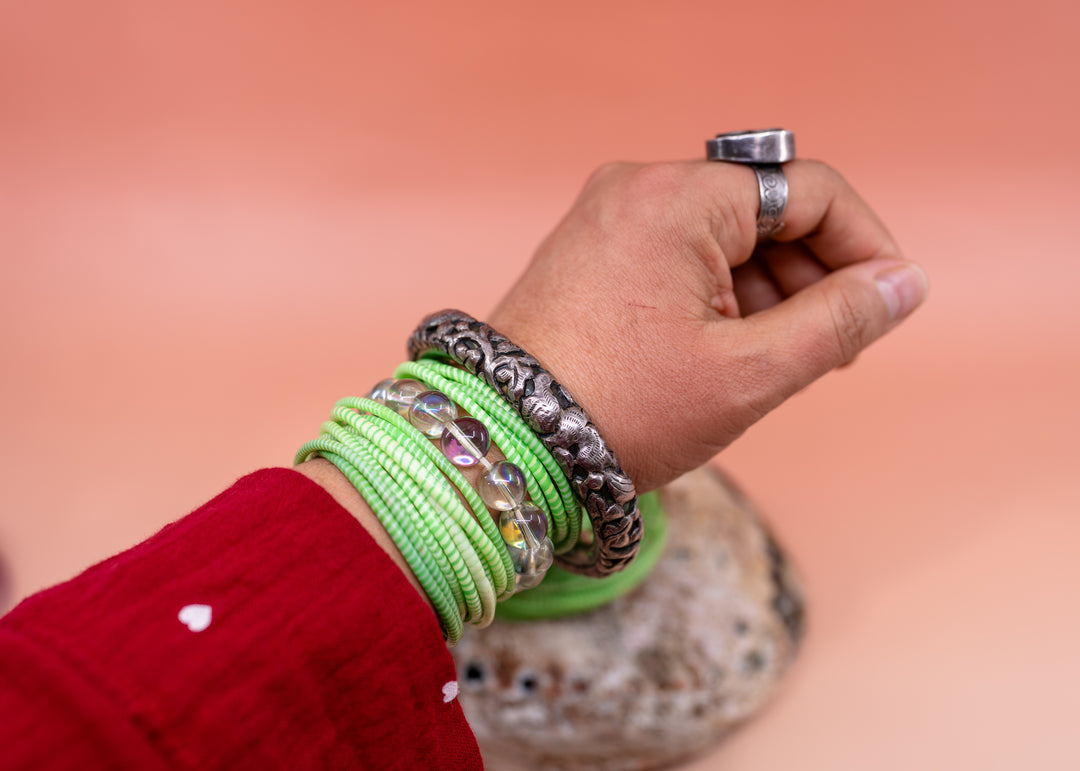 Apple Green Arm Party Stack – Set of 12 Recycled Flip Flop Bracelets | Fair Trade Jewelry from Mali, Ethically Sourced, Colorful African Bangles, Waterproof Stack