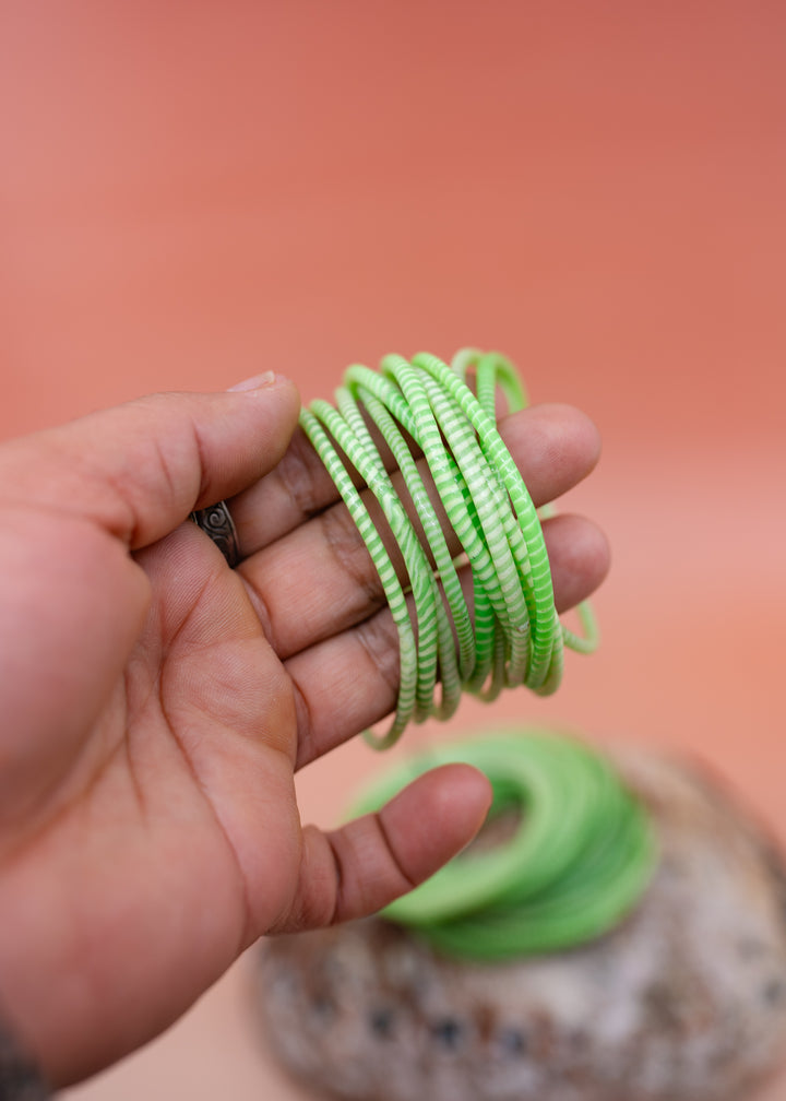 Apple Green Arm Party Stack – Set of 12 Recycled Flip Flop Bracelets | Fair Trade Jewelry from Mali, Ethically Sourced, Colorful African Bangles, Waterproof Stack