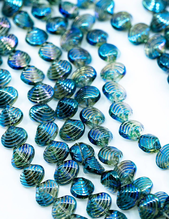 Aurora Borealis Blue and Purple, Electroplated Glass Clam Shell Beads, pack of 10 beads, Electroplated Seashell Beads for Jewelry Making, Sea Shell Charms, Shell Beads