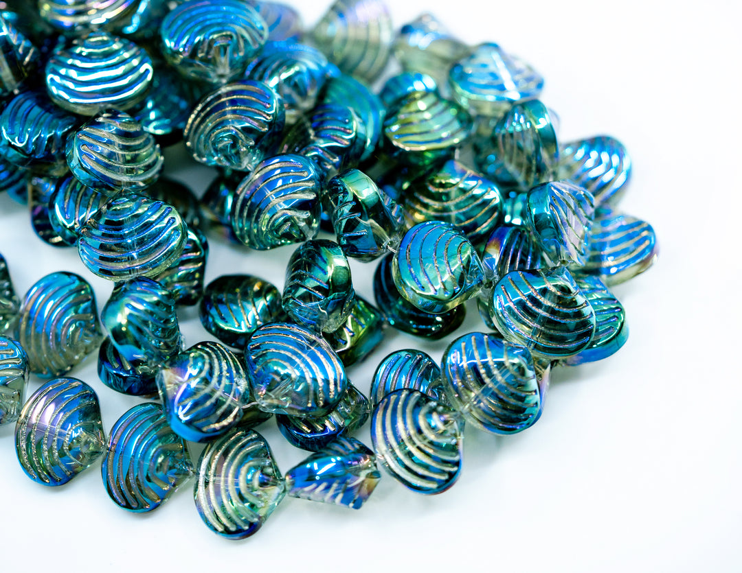 Aurora Borealis Blue and Purple, Electroplated Glass Clam Shell Beads, strand of 50 beads