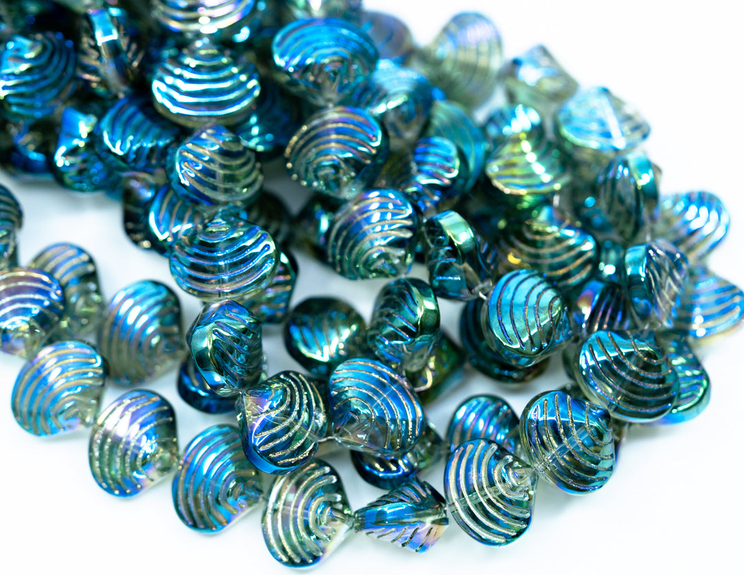 Aurora Borealis Blue and Purple, Electroplated Glass Clam Shell Beads, pack of 10 beads, Electroplated Seashell Beads for Jewelry Making, Sea Shell Charms, Shell Beads