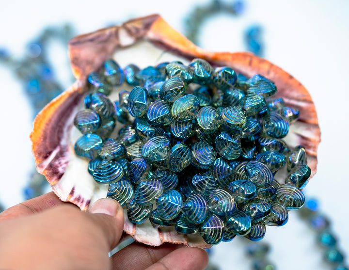 Aurora Borealis Blue and Purple, Electroplated Glass Clam Shell Beads, strand of 50 beads