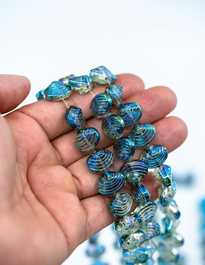 Aurora Borealis Blue and Purple, Electroplated Glass Clam Shell Beads, strand of 50 beads