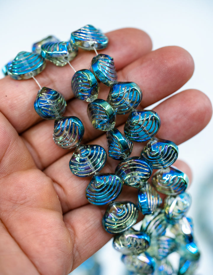 Aurora Borealis Blue and Purple, Electroplated Glass Clam Shell Beads, strand of 50 beads