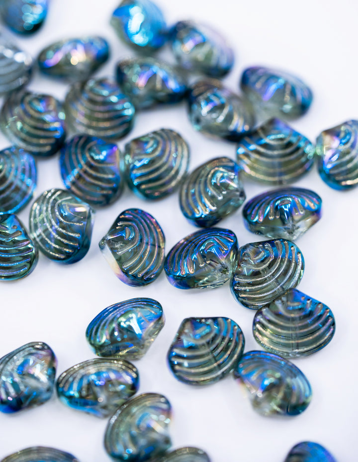Aurora Borealis Blue and Purple, Electroplated Glass Clam Shell Beads, strand of 50 beads