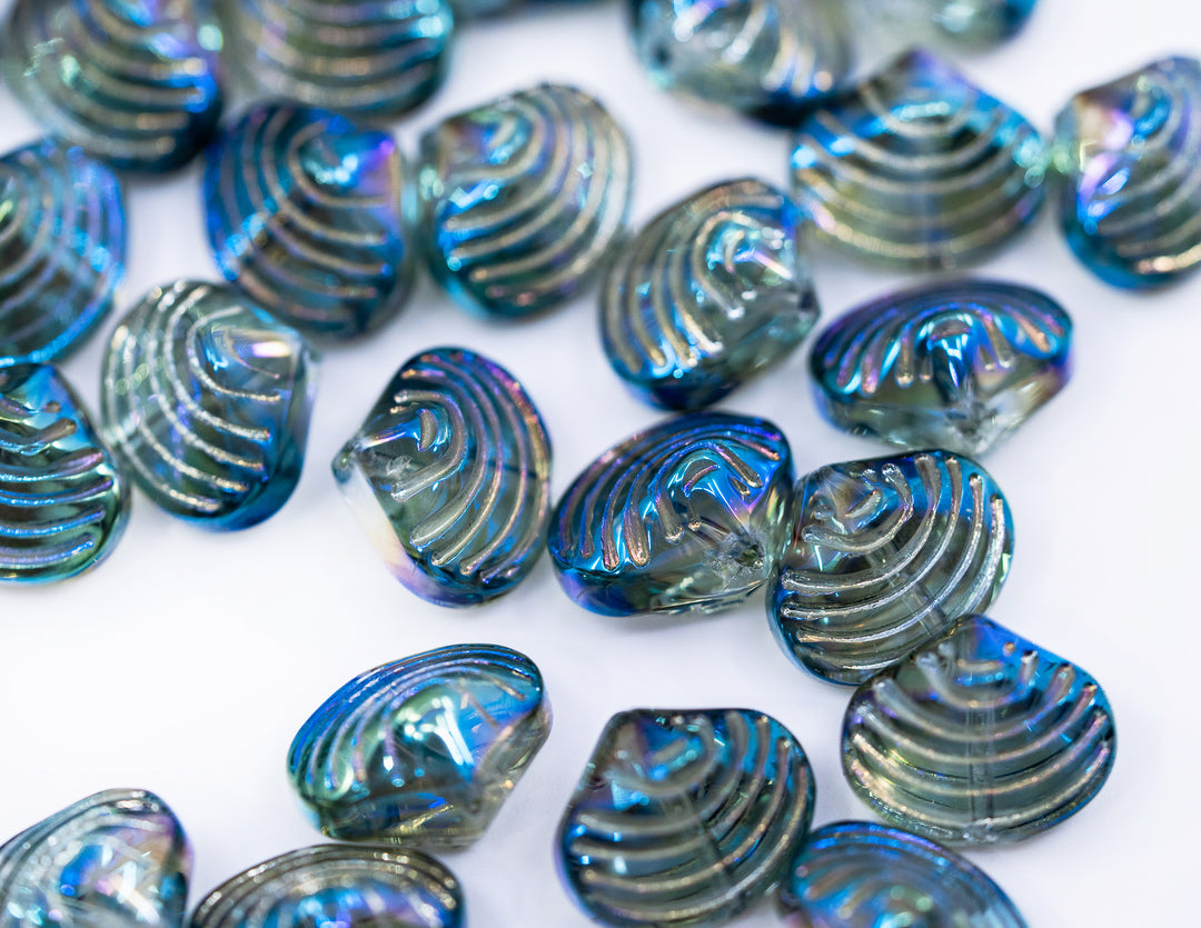 Aurora Borealis Blue and Purple, Electroplated Glass Clam Shell Beads, pack of 10 beads, Electroplated Seashell Beads for Jewelry Making, Sea Shell Charms, Shell Beads