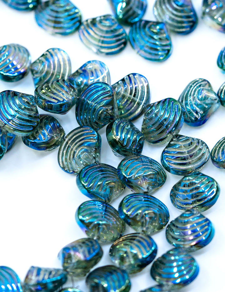 Aurora Borealis Blue and Purple, Electroplated Glass Clam Shell Beads, strand of 50 beads