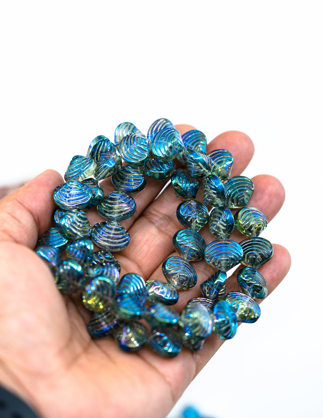 Aurora Borealis Blue and Purple, Electroplated Glass Clam Shell Beads, strand of 50 beads
