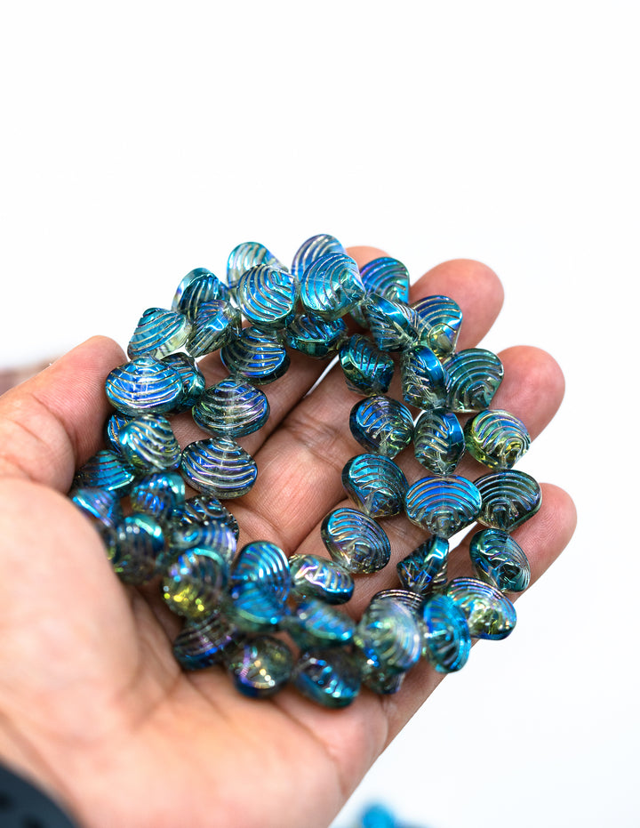 Aurora Borealis Blue and Purple, Electroplated Glass Clam Shell Beads, strand of 50 beads