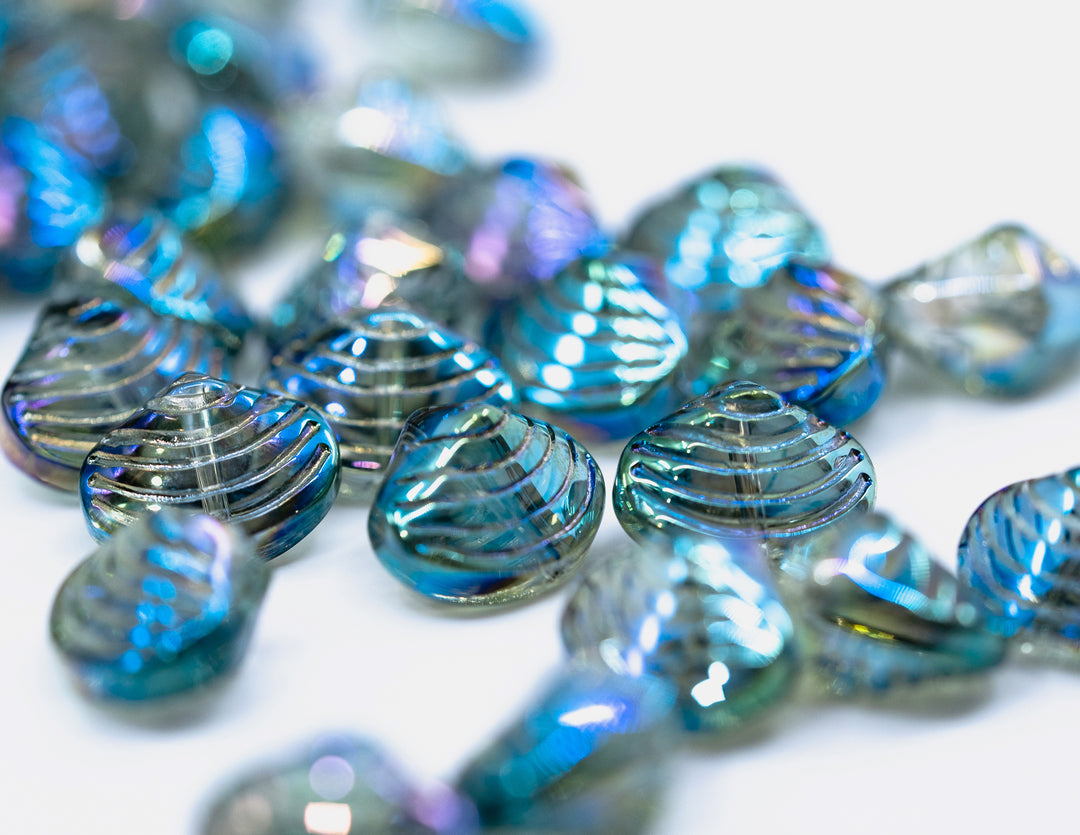 Aurora Borealis Blue and Purple, Electroplated Glass Clam Shell Beads, pack of 10 beads, Electroplated Seashell Beads for Jewelry Making, Sea Shell Charms, Shell Beads