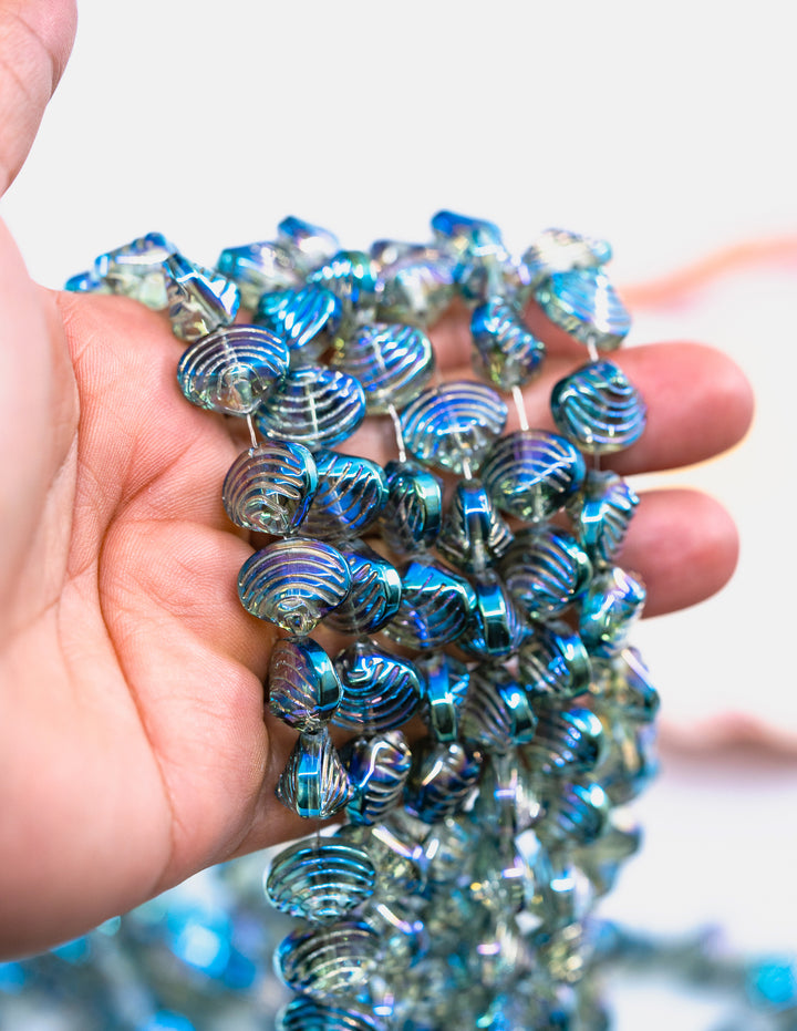 Aurora Borealis Blue and Purple, Electroplated Glass Clam Shell Beads, pack of 10 beads, Electroplated Seashell Beads for Jewelry Making, Sea Shell Charms, Shell Beads