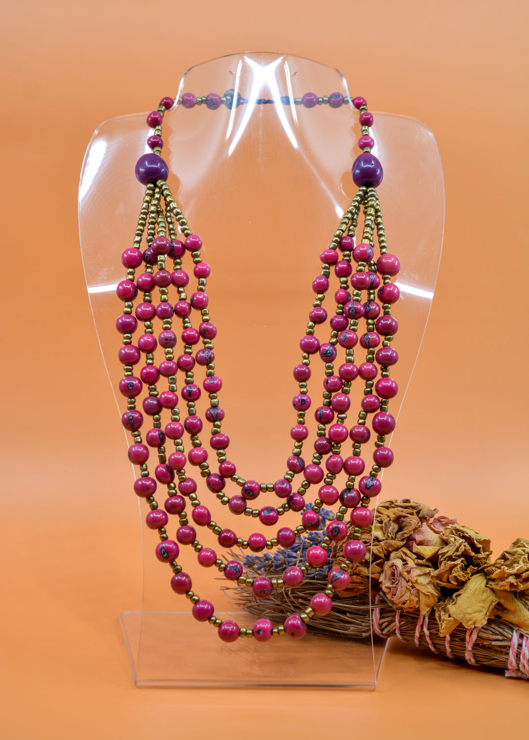Bella in Purple Berry: Handmade Multi-strand Necklace from Acai Beads, Gold / Bronze Seedbeads and Bombona Seeds, with Waxed Thread / Boho Jewelry, Gifts