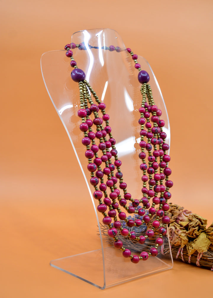Bella in Purple Berry: Handmade Multi-strand Necklace from Acai Beads, Gold / Bronze Seedbeads and Bombona Seeds, with Waxed Thread / Boho Jewelry, Gifts
