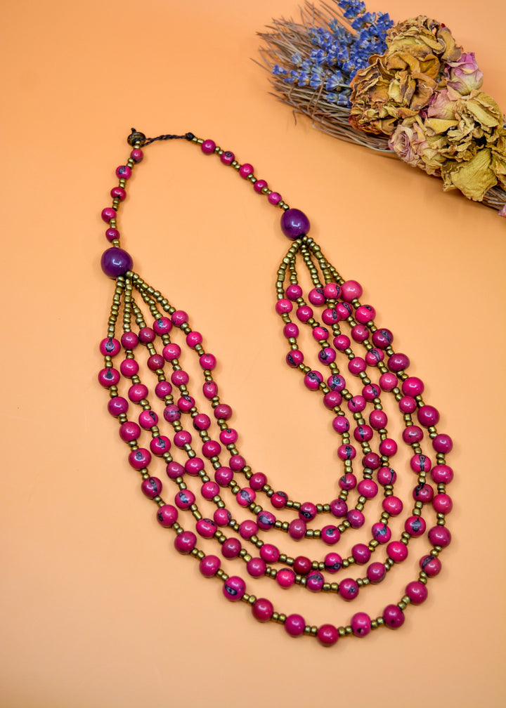Bella in Purple Berry: Handmade Multi-strand Necklace from Acai Beads, Gold / Bronze Seedbeads and Bombona Seeds, with Waxed Thread / Boho Jewelry, Gifts