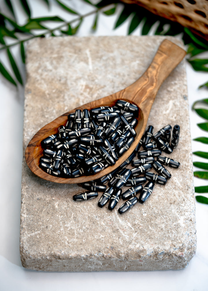 Black Carvings: Barrel Tube Bone Beads, 10x24mm, 10 Large Hole Bone Tubes / Beads for Malas, Beads for Macrame, Hairpipe Beads, DIY Jewelry