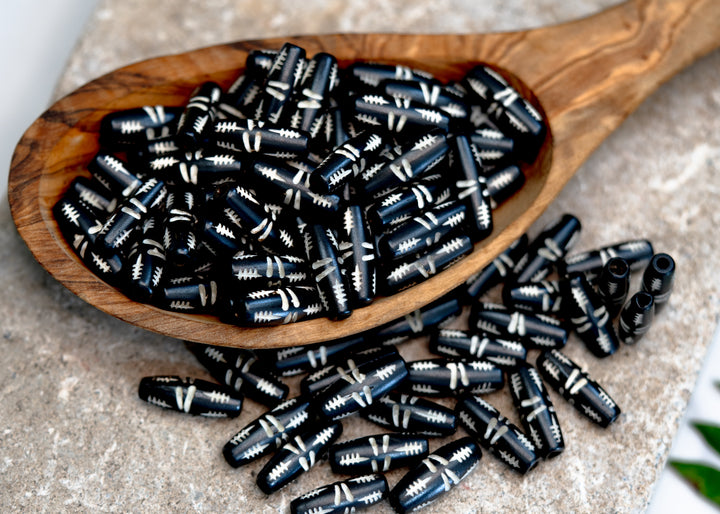Black Carvings: Barrel Tube Bone Beads, 10x24mm, 10 Large Hole Bone Tubes / Beads for Malas, Beads for Macrame, Hairpipe Beads, DIY Jewelry