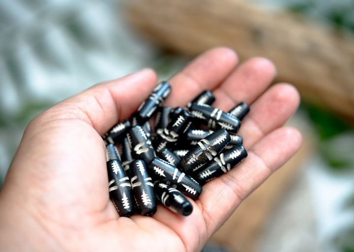 Black Carvings: Barrel Tube Bone Beads, 10x24mm, 10 Large Hole Bone Tubes / Beads for Malas, Beads for Macrame, Hairpipe Beads, DIY Jewelry
