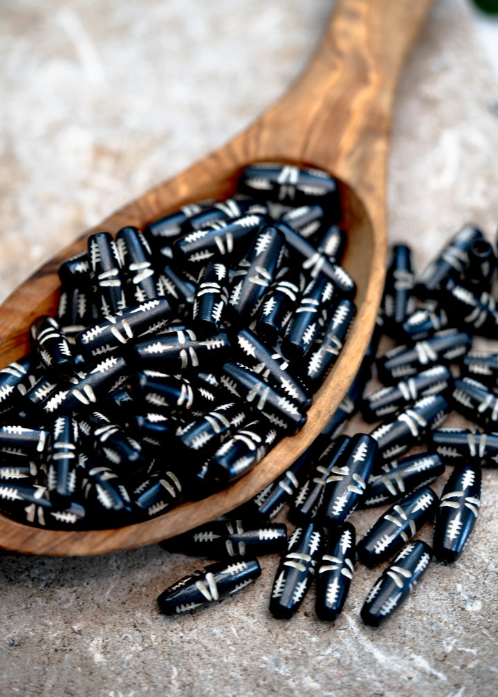 Black Carvings: Barrel Tube Bone Beads, 10x24mm, 10 Large Hole Bone Tubes / Beads for Malas, Beads for Macrame, Hairpipe Beads, DIY Jewelry