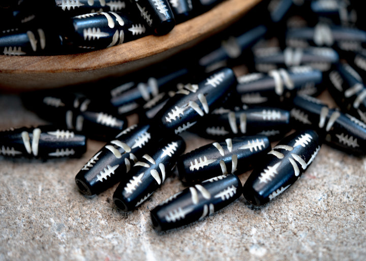 Black Carvings: Barrel Tube Bone Beads, 10x24mm, 10 Large Hole Bone Tubes / Beads for Malas, Beads for Macrame, Hairpipe Beads, DIY Jewelry