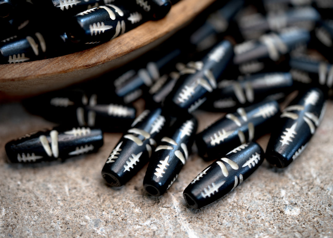 Black Carvings: Barrel Tube Bone Beads, 10x24mm, 10 Large Hole Bone Tubes / Beads for Malas, Beads for Macrame, Hairpipe Beads, DIY Jewelry