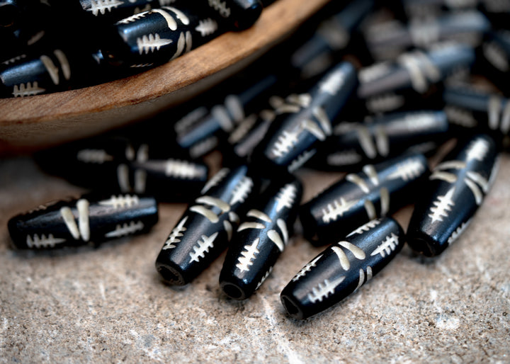 Black Carvings: Barrel Tube Bone Beads, 10x24mm, 10 Large Hole Bone Tubes / Beads for Malas, Beads for Macrame, Hairpipe Beads, DIY Jewelry