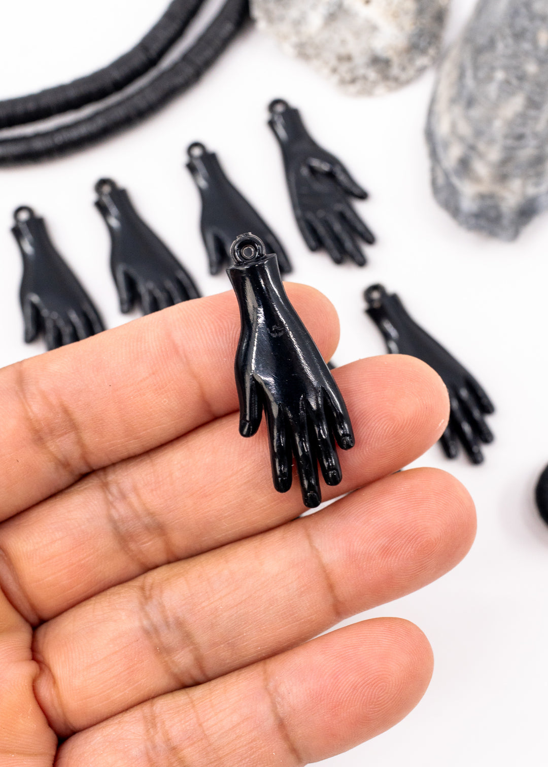 Black German resin hand charm 40mm sculpted pendant for jewelry making