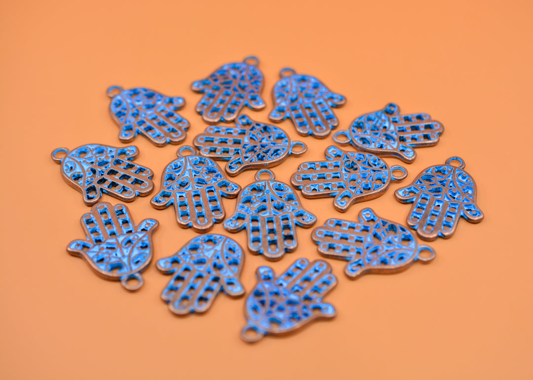 Hamsa: Blue Patina over Copper Hamsa Charm, 26x35mm, 2 pieces / Greek Metal, Hand of Fatima Charm, Inspirational Pendants, Jewelry Making Supplies