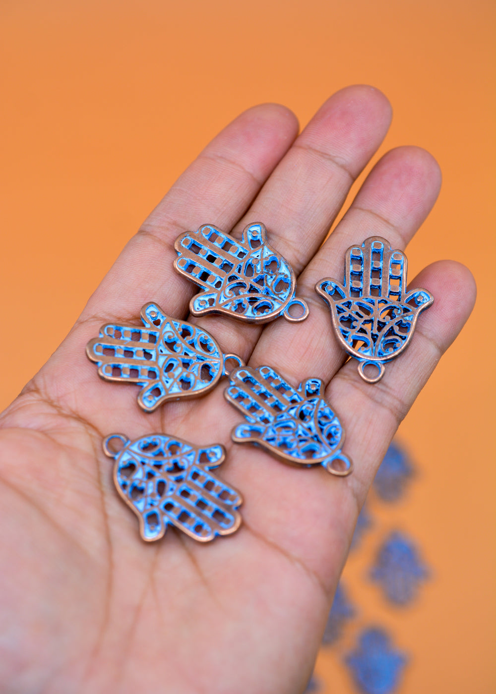 Hamsa: Blue Patina over Copper Hamsa Charm, 26x35mm, 2 pieces / Greek Metal, Hand of Fatima Charm, Inspirational Pendants, Jewelry Making Supplies