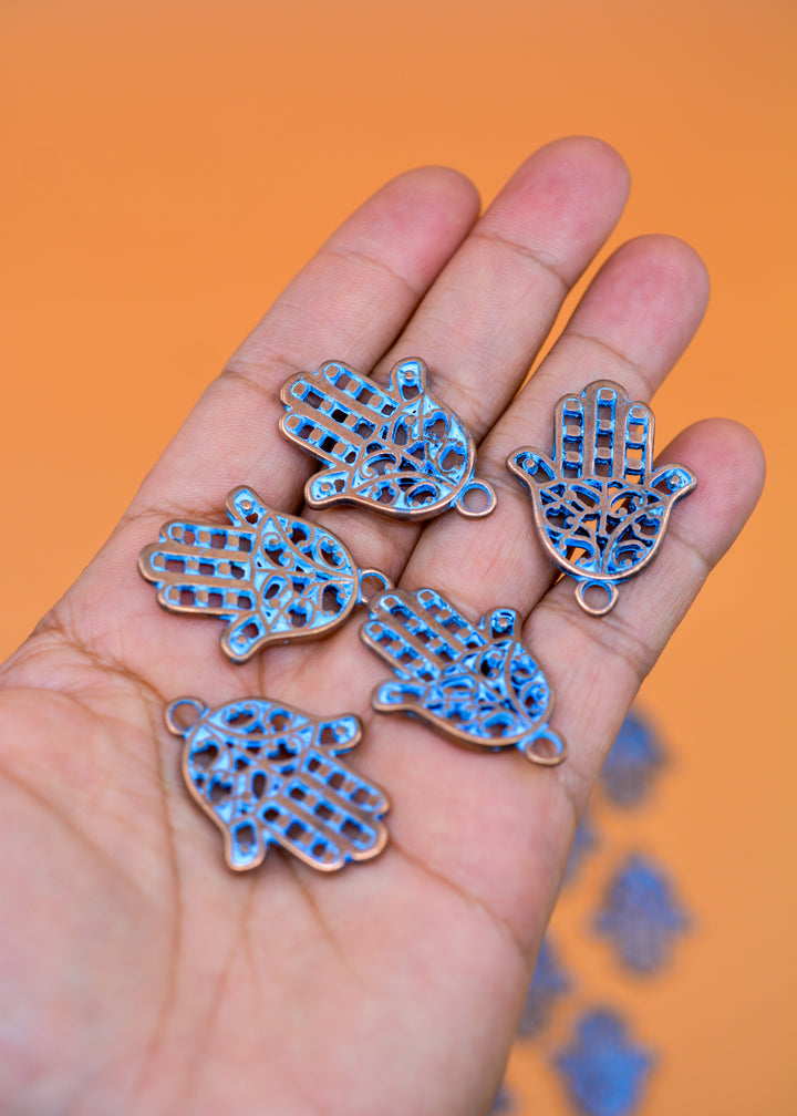 Hamsa: Blue Patina over Copper Hamsa Charm, 26x35mm, 2 pieces / Greek Metal, Hand of Fatima Charm, Inspirational Pendants, Jewelry Making Supplies