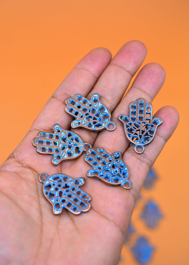 Hamsa: Blue Patina over Copper Hamsa Charm, 26x35mm, 2 pieces / Greek Metal, Hand of Fatima Charm, Inspirational Pendants, Jewelry Making Supplies