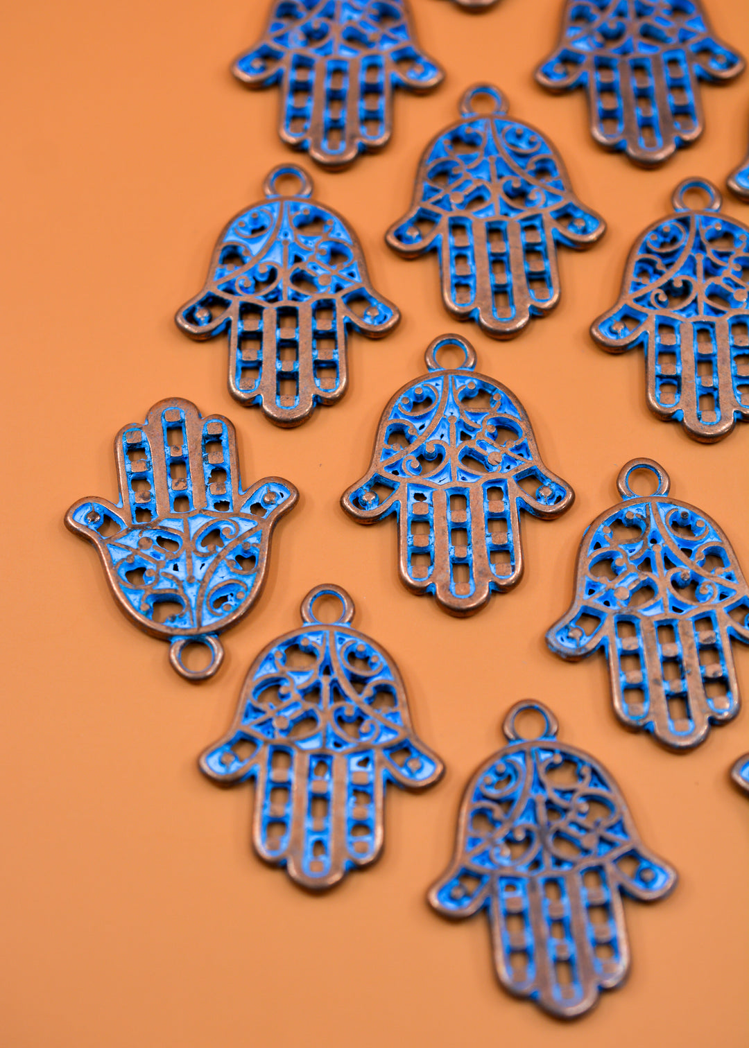 Hamsa: Blue Patina over Copper Hamsa Charm, 26x35mm, 2 pieces / Greek Metal, Hand of Fatima Charm, Inspirational Pendants, Jewelry Making Supplies