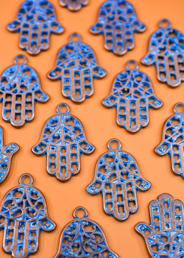 Hamsa: Blue Patina over Copper Hamsa Charm, 26x35mm, 2 pieces / Greek Metal, Hand of Fatima Charm, Inspirational Pendants, Jewelry Making Supplies