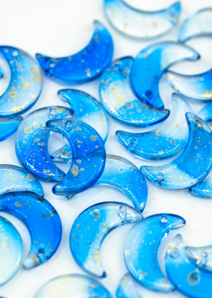 Blue Moon Charms: Two Tone Blue Transparent Half Moon Charms with Gold Dust, 16x10mm, 10 pcs, Top Drilled Moon Charms for Bracelets, Charm Necklaces, Jewelry Making Supplies