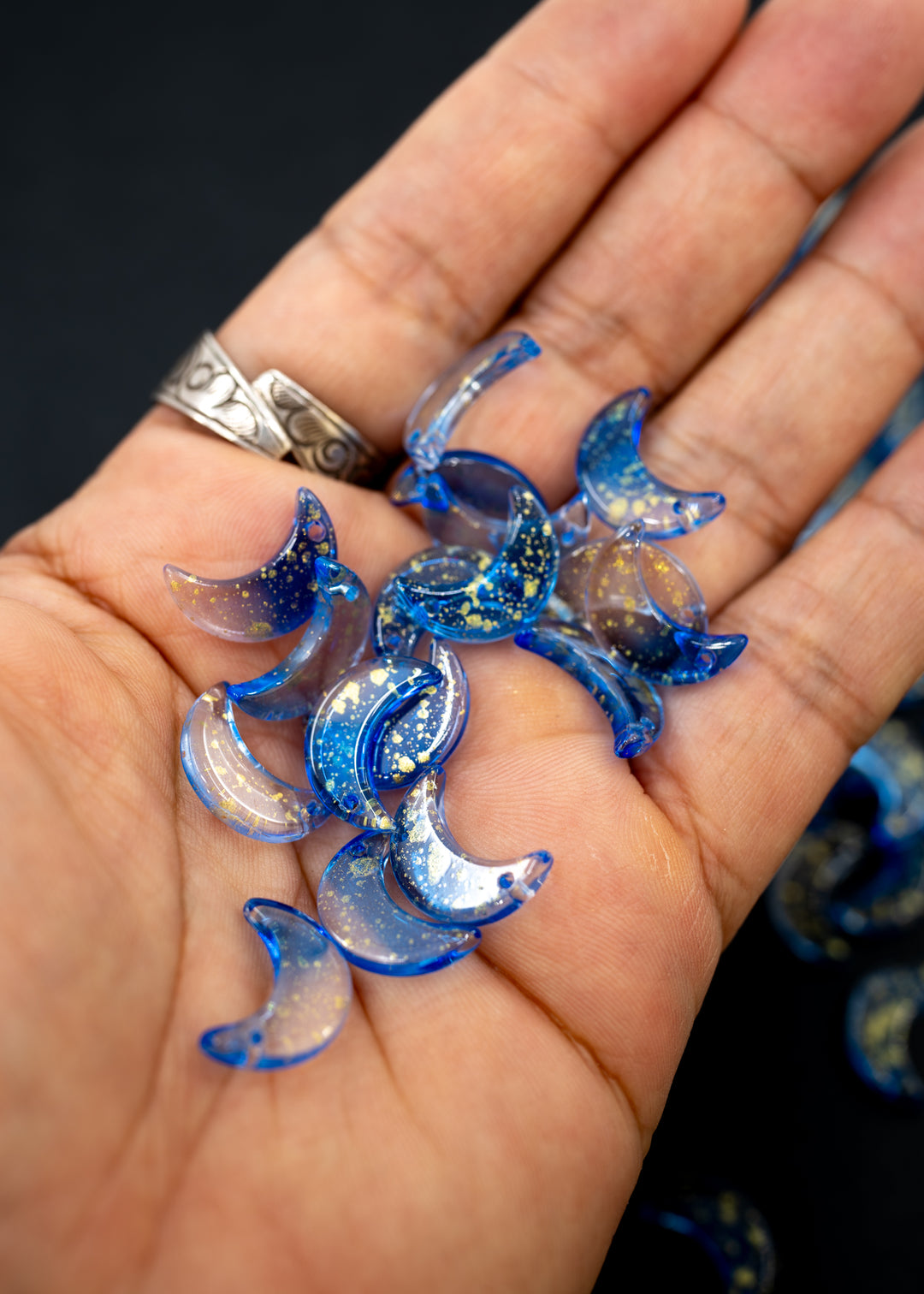 Blue Moon Charms: Two Tone Blue Transparent Half Moon Charms with Gold Dust, 16x10mm, 10 pcs, Top Drilled Moon Charms for Bracelets, Charm Necklaces, Jewelry Making Supplies