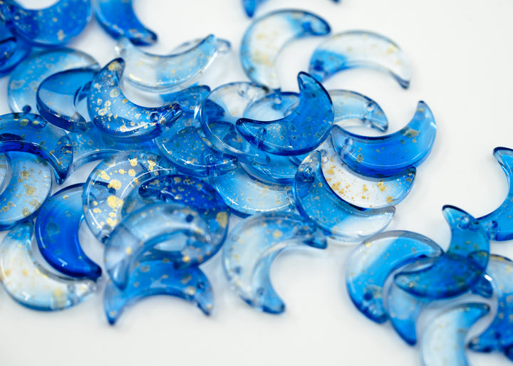 Blue Moon Charms: Two Tone Blue Transparent Half Moon Charms with Gold Dust, 16x10mm, 10 pcs, Top Drilled Moon Charms for Bracelets, Charm Necklaces, Jewelry Making Supplies