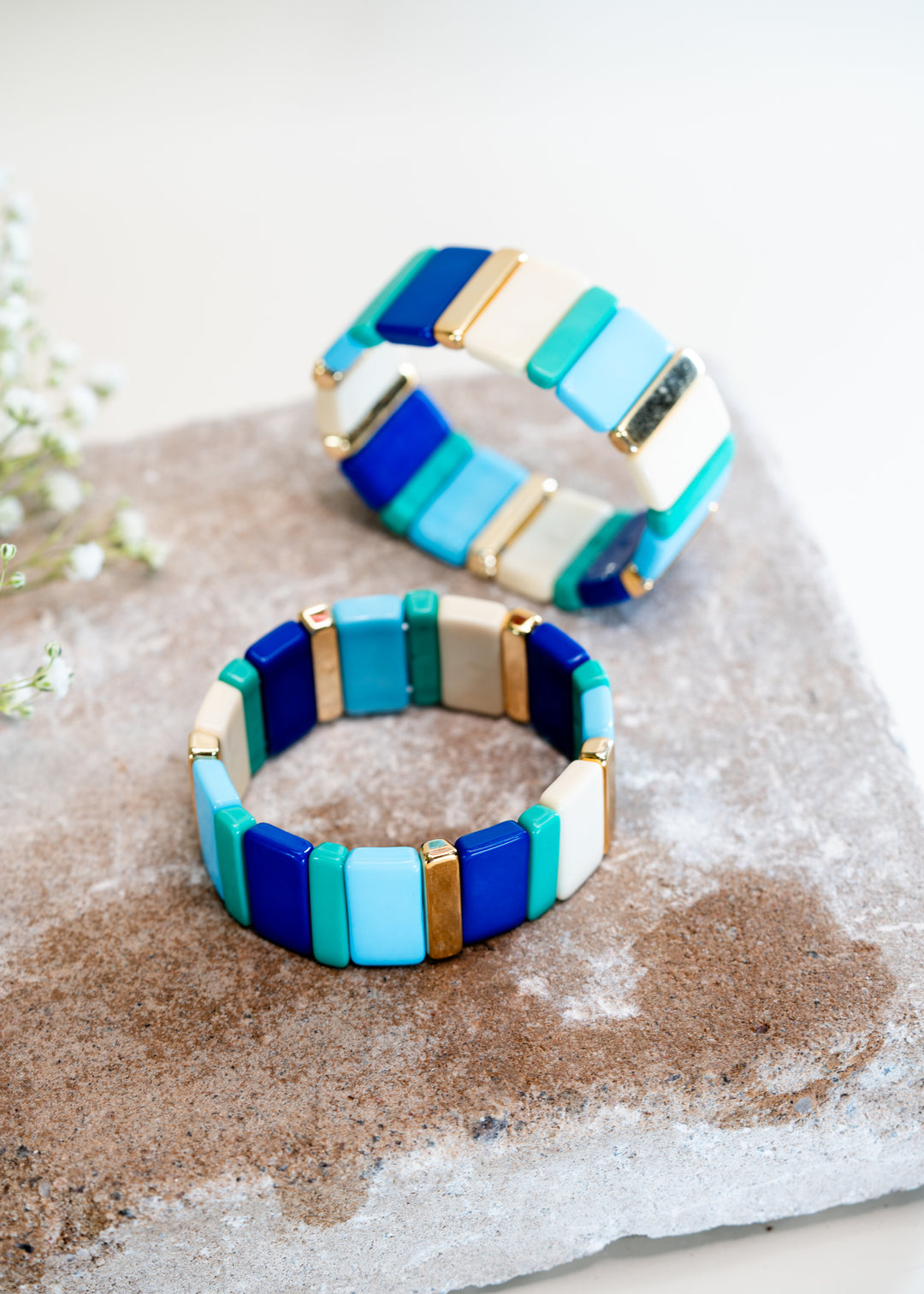 Blues and Gold: Wide Enamel Tile Beads Bracelet / Colorblock Bracelets, Enamel Beads, Trendy Tila Beads, Stretch Bracelets, Bohemian Bracelets, Tile Beads / Gift, Jewelry