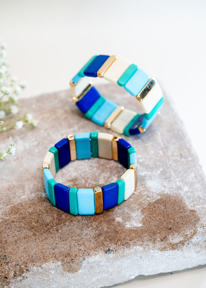 Blues and Gold: Wide Enamel Tile Beads Bracelet / Colorblock Bracelets, Enamel Beads, Trendy Tila Beads, Stretch Bracelets, Bohemian Bracelets, Tile Beads / Gift, Jewelry