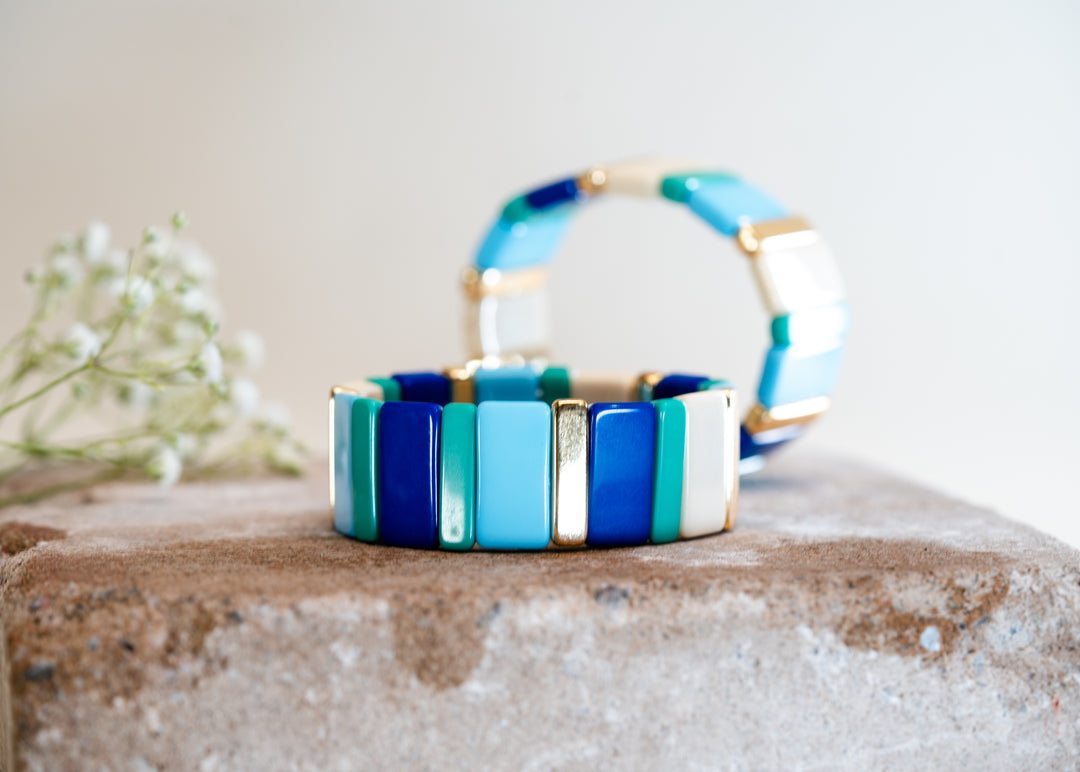 Blues and Gold: Wide Enamel Tile Beads Bracelet / Colorblock Bracelets, Enamel Beads, Trendy Tila Beads, Stretch Bracelets, Bohemian Bracelets, Tile Beads / Gift, Jewelry