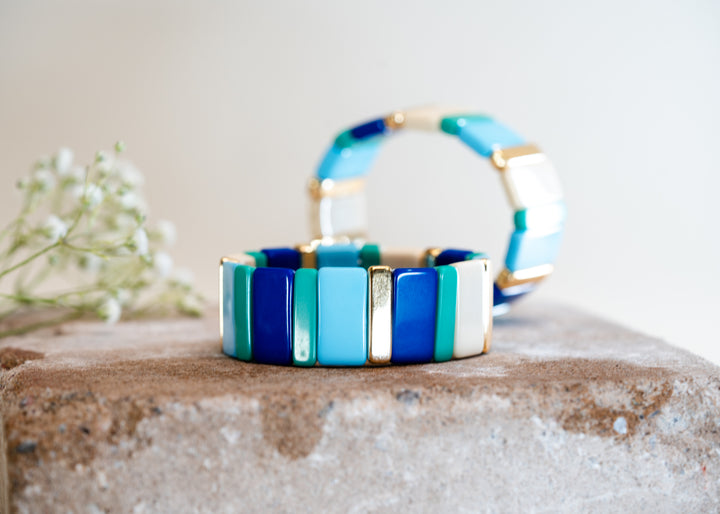 Blues and Gold: Wide Enamel Tile Beads Bracelet / Colorblock Bracelets, Enamel Beads, Trendy Tila Beads, Stretch Bracelets, Bohemian Bracelets, Tile Beads / Gift, Jewelry